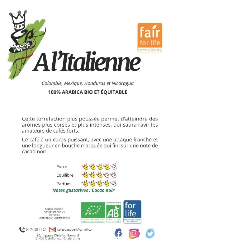 Cafés mélange A L'ITALIENNE bio et équitable moulu ou en grain – Image 2